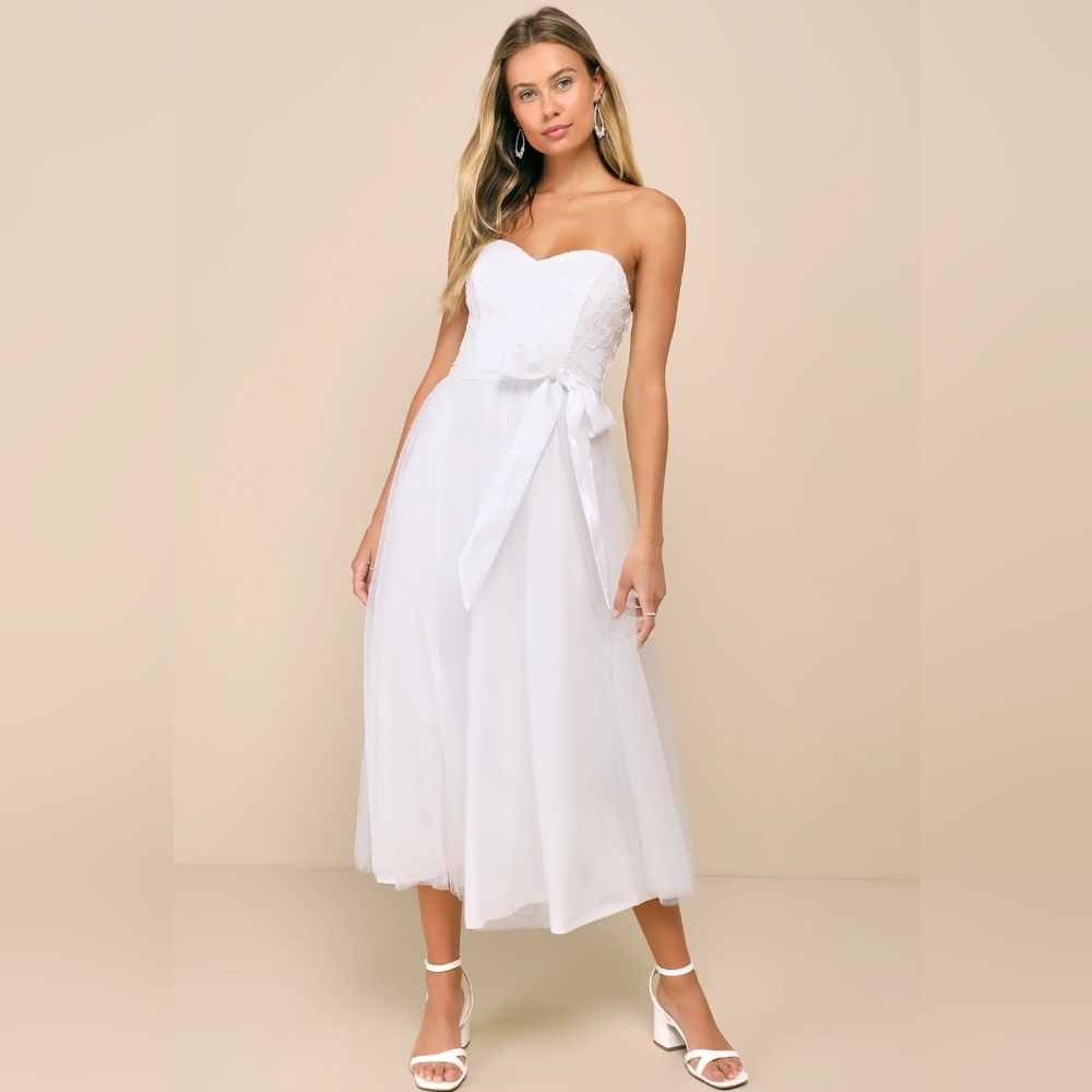 Lulus Beyond Immaculate White Sequin Embroidered Strapless Midi Dress